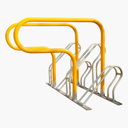 Yellow metal bike rack on a white background